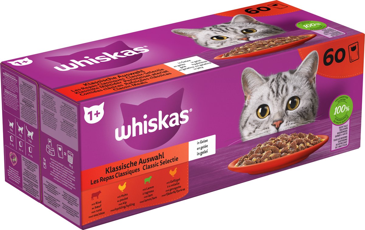 Whiskas Classic Meals in Gelei - Kattenvoer - 60x85 gram - Rund - Kip - 5,1 kg