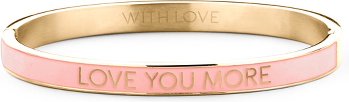 Key Moments 8KM-BC0010 Stalen Bangle met Tekst - Love You More - Cadeau voor haar - One-size - Goudkleur / Roze