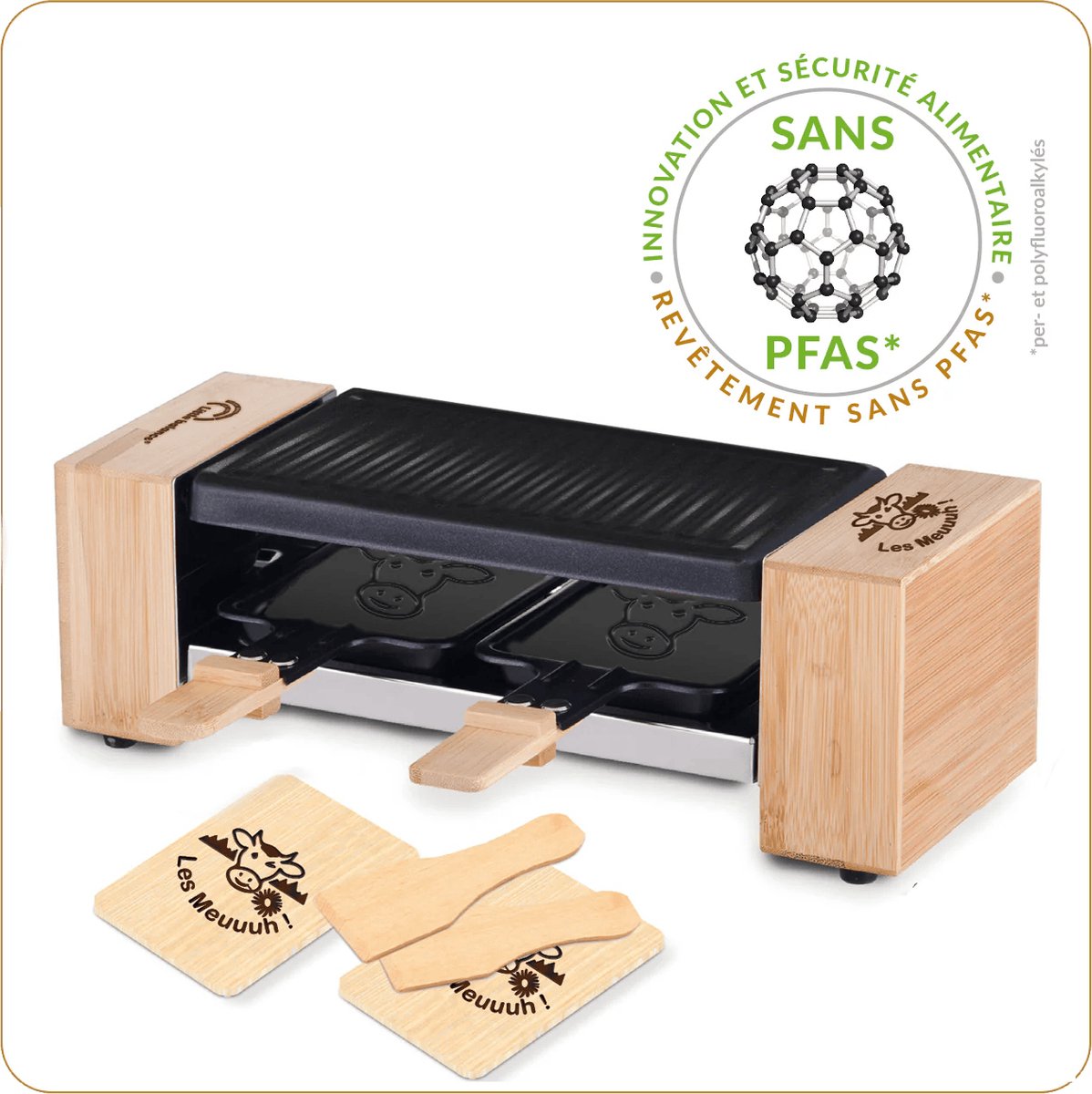 Little Balance 8618 - Raclette & gourmetset - voor 2 personen - incl. 2 pannen, 2 spatels en plankjes - PFAS vrij - 320 Watt - bamboe