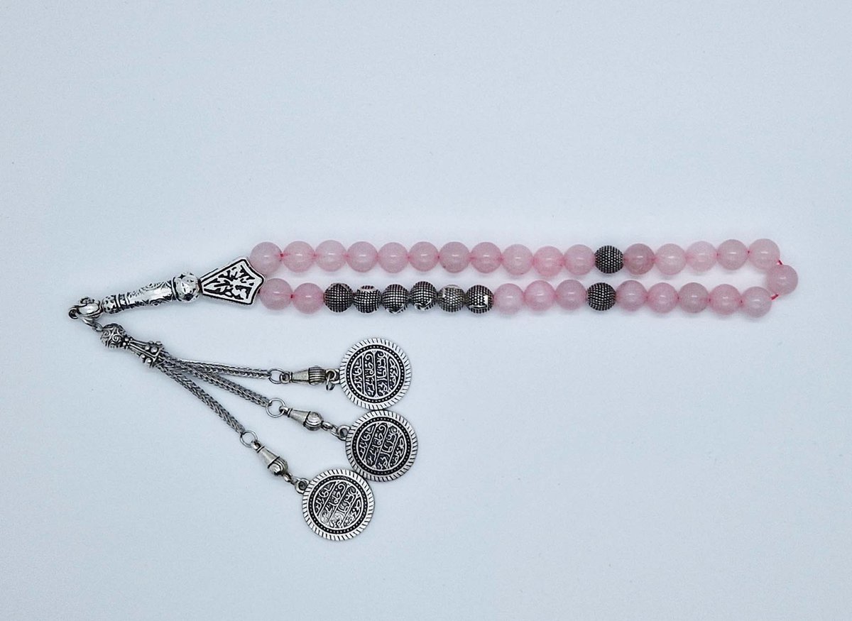 Handgemaakte naam tasbih 33 Kralen Natuursteen “Roze kwartz” - met metaal tassel “Constantinopel"- Met je naam of de naam van uw geliefde- 8 mm diameter van de korrel