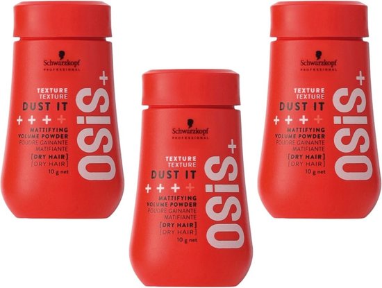 Trois pots rouges Schwarzkopf Osis+ Dust It Mattifying Volume Powder, chacun 10g.