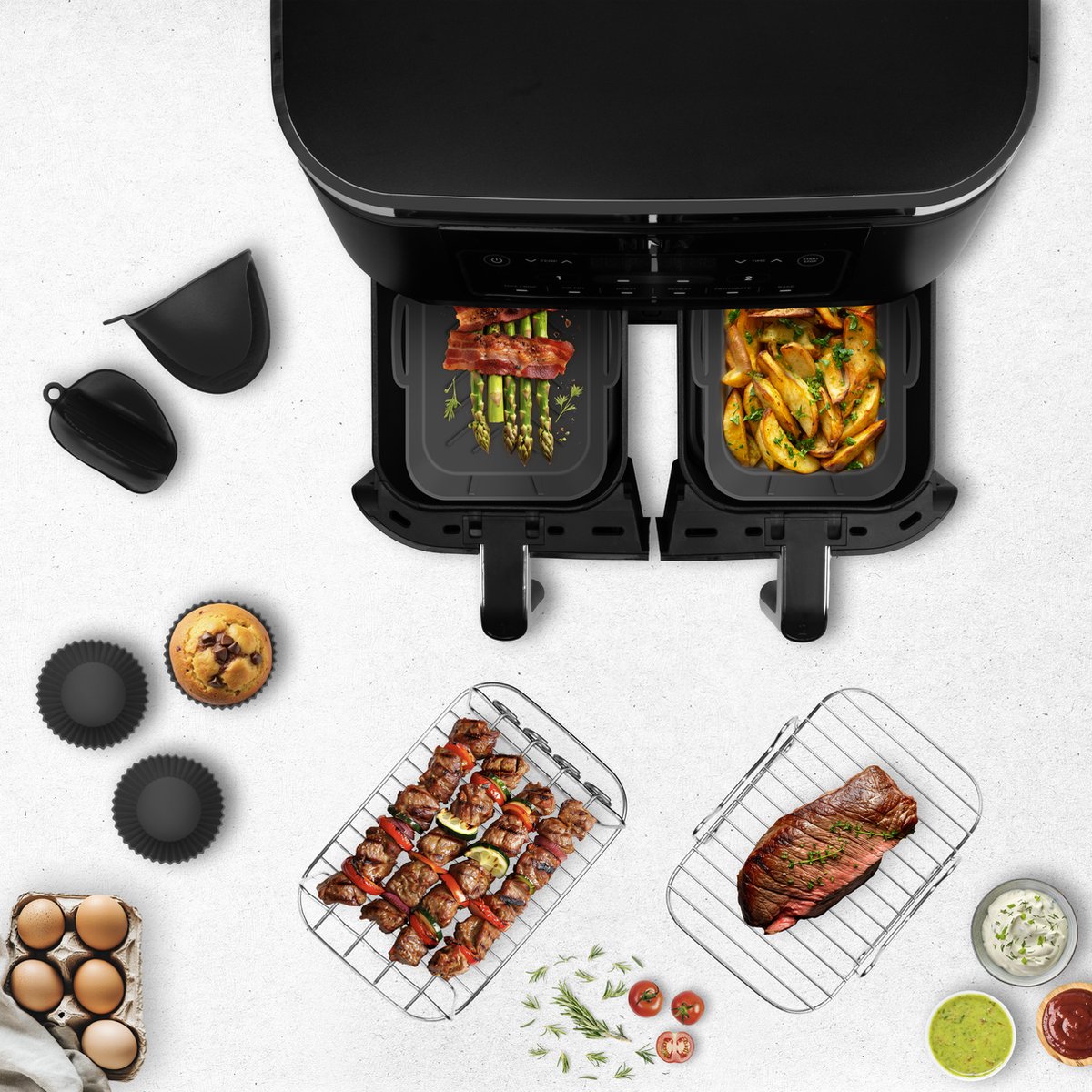 Fentic Airfryer Accessoires - Geschikt voor Dual Airfryers - Voor Ninja Foodi Max Dual Zone AF300EU AF400EU – 7.6L tot 9.5L - Met Airfryer Siliconen Bakje (2 stuks) — afbeelding 6