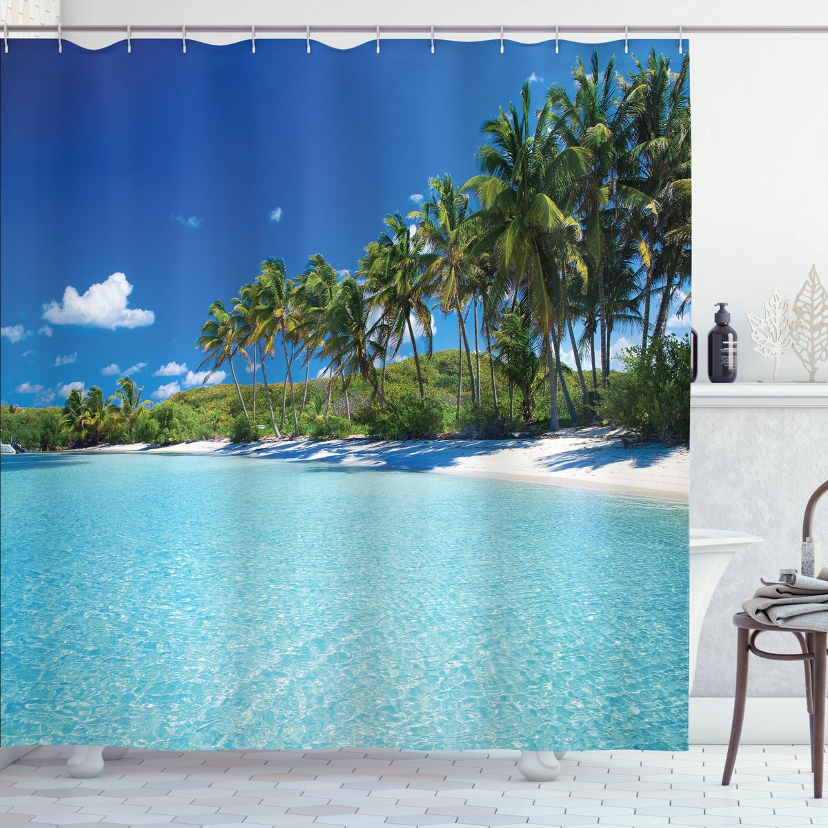 New Bed Ontspannend Tropisch Douchegordijn Anti Schimmel, Shower Curtain Badkamer Decor Set met Haakjes, Douchegordijn 180x200 cm
