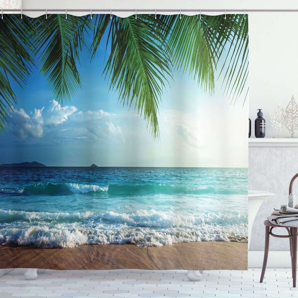 New Bed, Tropisch Strand Douchegordijn Anti Schimmel, Shower Curtain Badkamer Decor Set met Haakjes, 180x200 cm