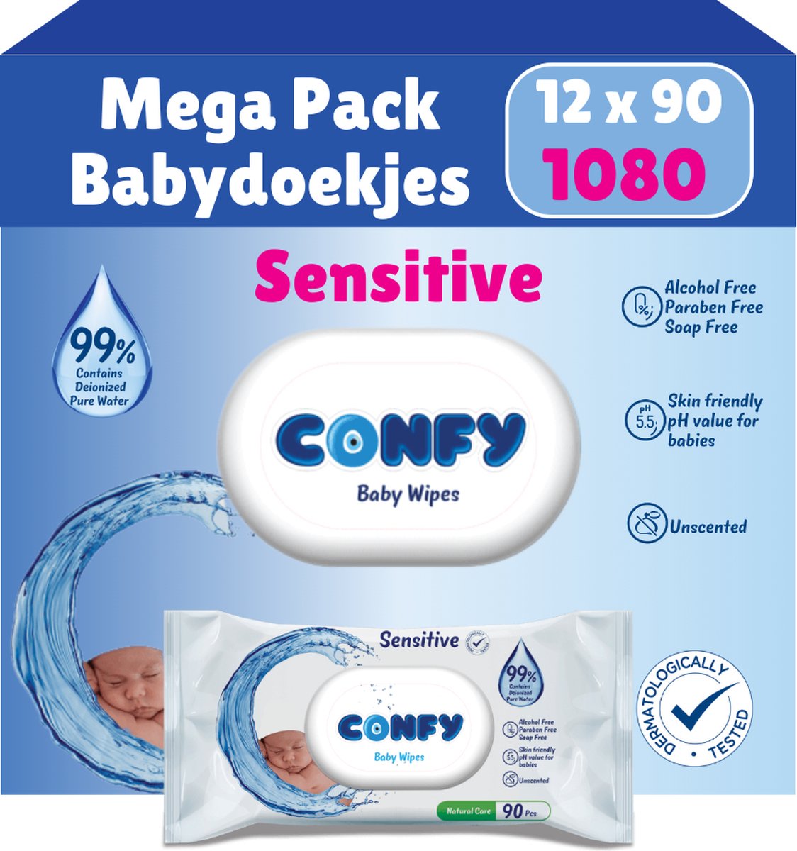 Goedkoopste Confy Sensitive Billendoekjes - 12 x 90 Stuks - 1080 Doekjes