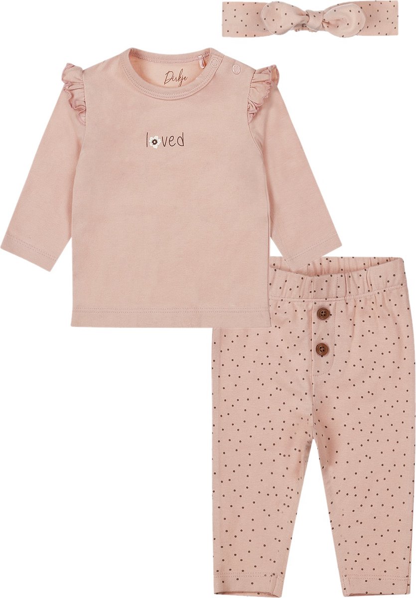 Dirkje - Basic Collection - BIO COTTON - Broek met stipjes - Shirt met printje - Haarband met stipjes - Light Dusty Pink - Maat 56