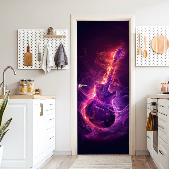Deurposter 80x205 cm - Deursticker Gitaar - Muziek - Rook - Paars - Meubelfolie zelfklevend - Deurfolie tienerkamer - Interieurfolie kinderkamer - Deur plakfolie - Deurbehang sticker - Kamer decoratie tieners