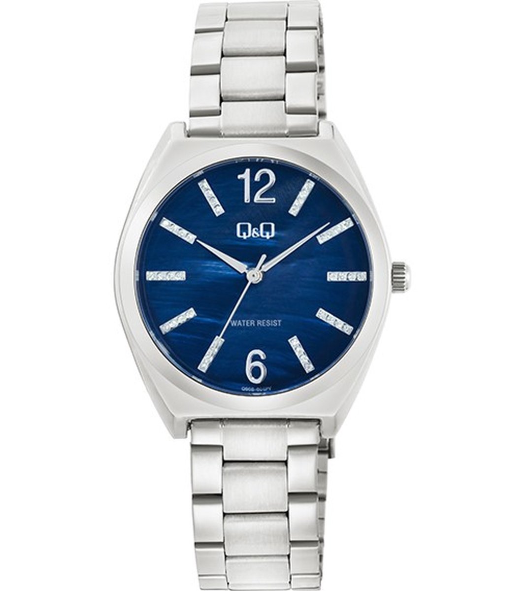 QQ Q90B-004PY - Horloge - Polshorloge - Analoog - Dames - Vrouwen - stalen band - Overig - Metaal - Cijfers - Strepen - Zilverkleurig - DonkerBlauw
