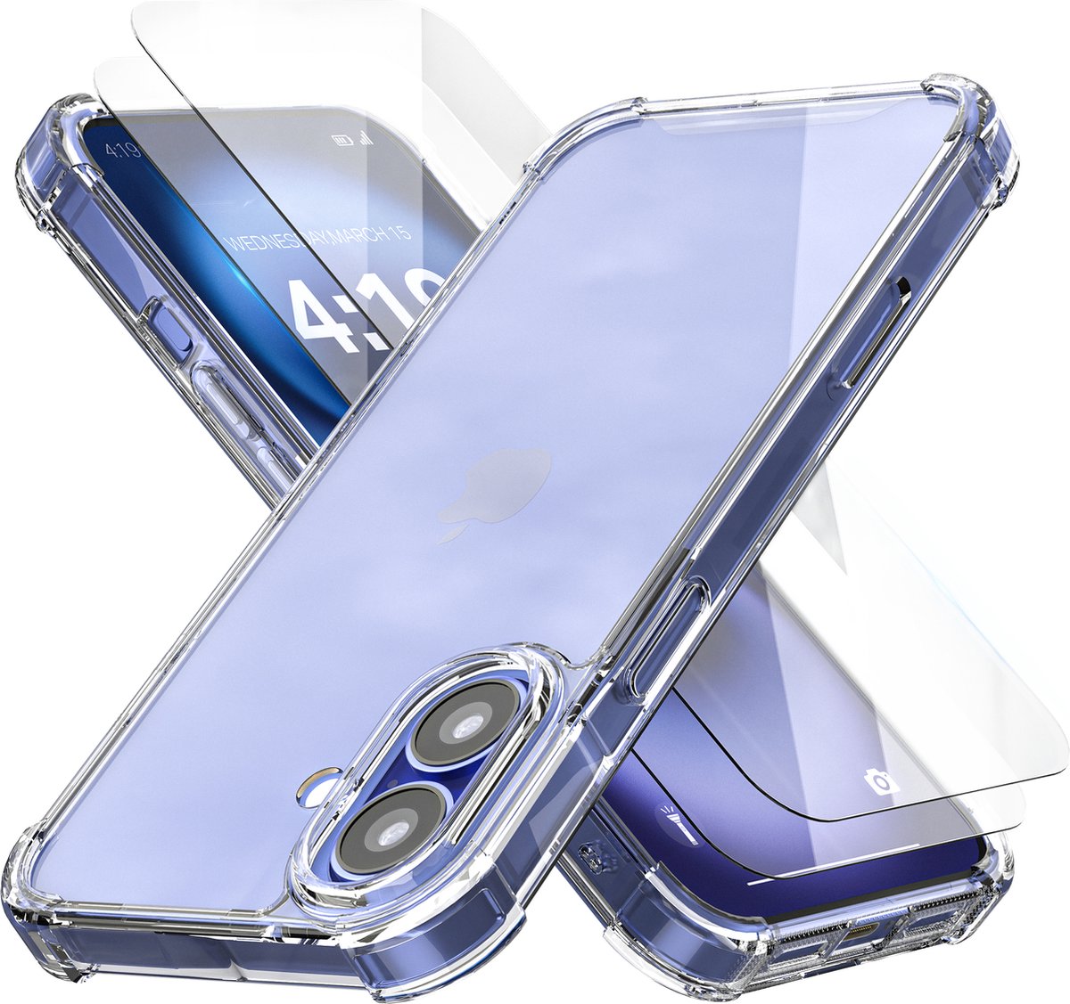 Hoesje geschikt voor iPhone 16 Transparant - 2x screenprotector - beschermglas screen protector - Anti Shock hoesje case