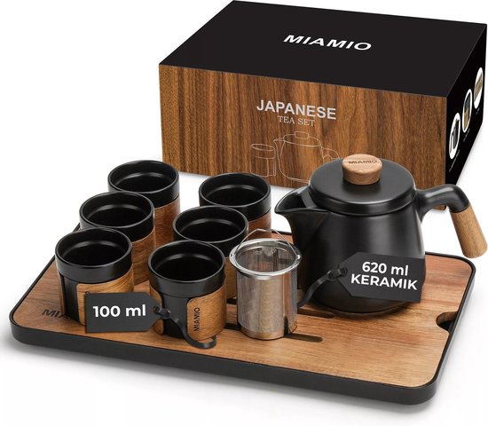 MiaMio Service à Thé Japonais Unique - Théière + 6 tasses + plateau - Zwart