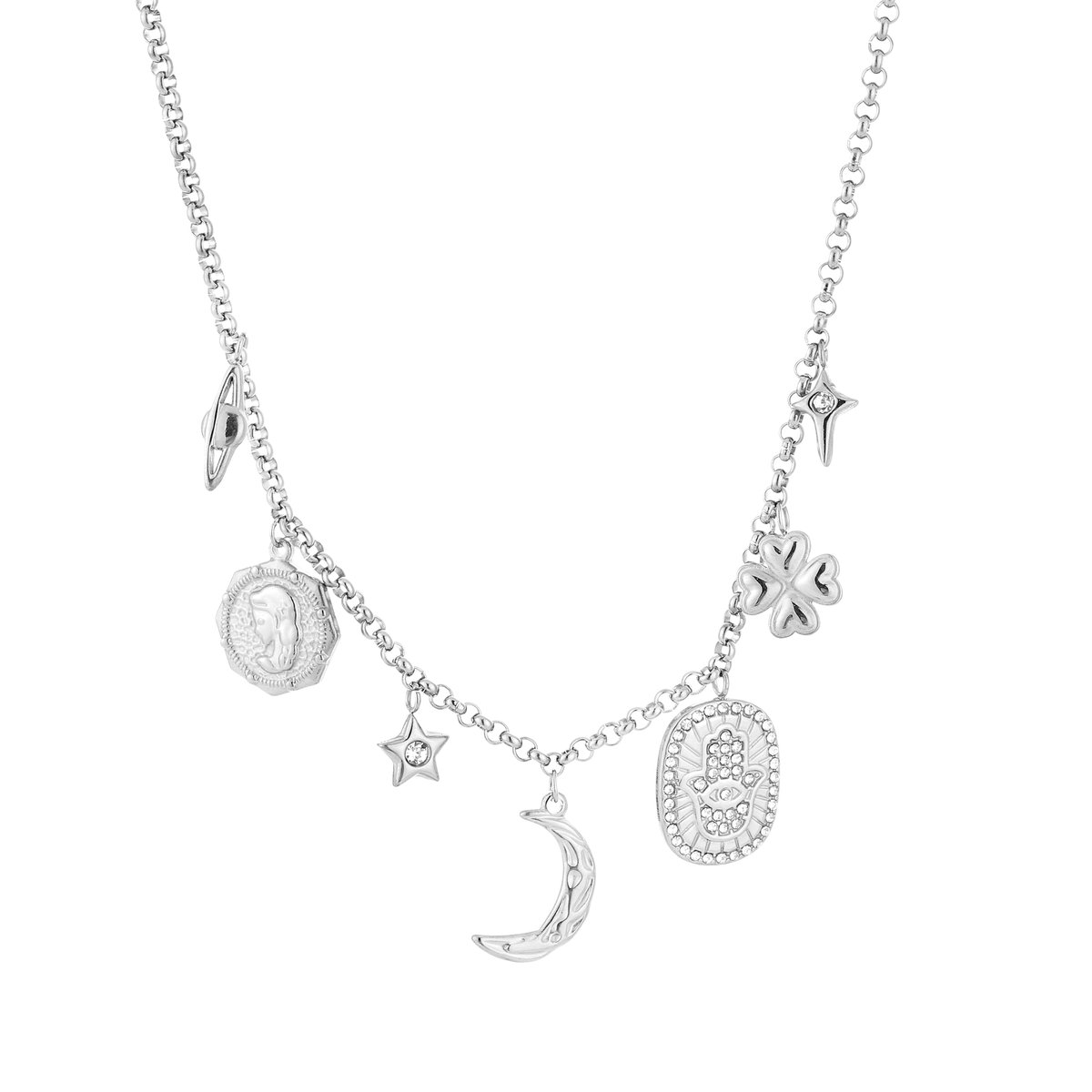 Bedel ketting met bedels - Michelle Bijoux - Statement ketting - Zilveren ketting - Stainless Steel (verkleurt niet!) - 40 + 5 cm - Zilver Waterproof - Necklace - Kerst sieraden - Kerst - Cadeau - Moederdag - Valentijn - Dames ketting