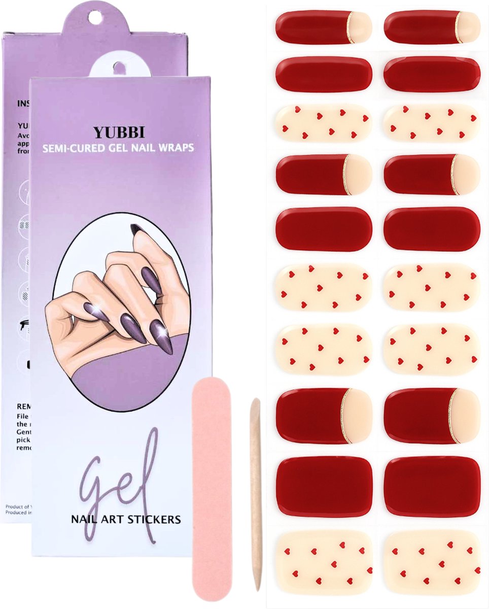 Goedkoopste YUBBI Gellak Stickers - Gel Nail Wraps - Gelnagel Manicure - UV Nagelstickers - Red Hearts