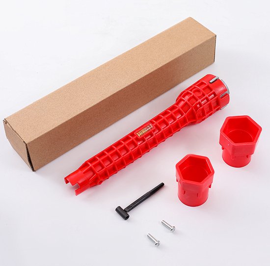 Rode multifunctionele moersleutel met waterpas, twee rode dopjes en bevestigingsmateriaal op een witte achtergrond.