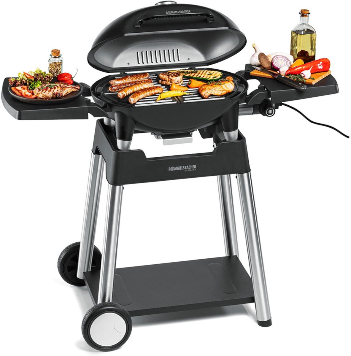 Rommelsbacher BBQ 4100/S – elektrische barbecue met grillwagen & deksel – 2200W gietijzeren grillrooster – voor balkon, tuin & camping