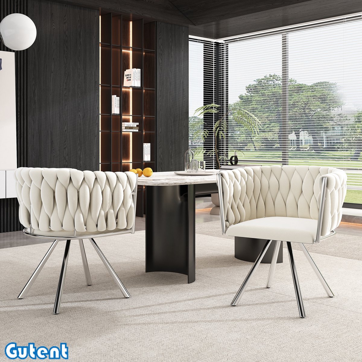 Gutent Fluwelen Eetkamerstoelen-Set van 2-Draaibaar-Beige+Zilver