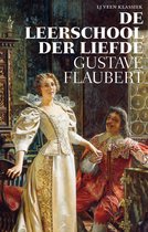 Une femme en robe crème avec dentelle et un homme en veste rouge à dentelle, le titre 'DE LEERSCHOOL DER LIEFDE GUSTAVE FLAUBERT' est visible.