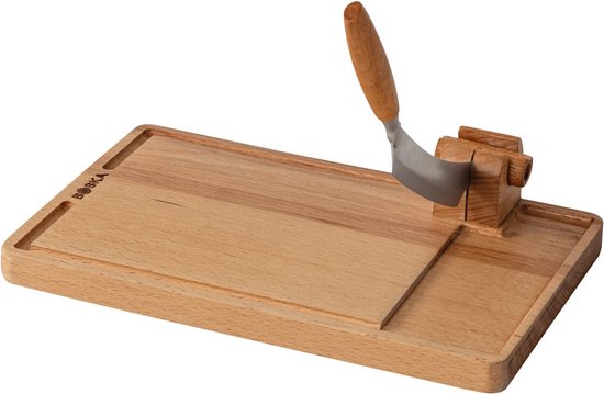 Houten kaasplank met RVS kaasmes, houten handvat en een opvanggeul. Het merk Boska is in de plank gegraveerd.