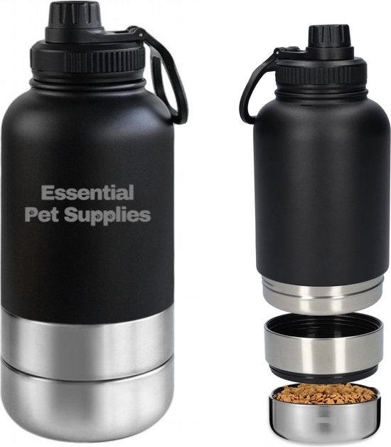 Honden drinkfles | Multifunctionele honden drinkfles onderweg met hondenvoerbak 1000ml Zwart