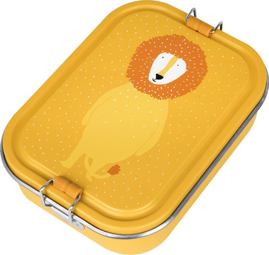 Boîte à lunch jaune avec un lion debout et une impression à pois.