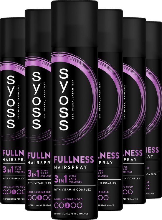 Six bombes de laque Syoss Fullness alignées, avec étiquette violette/blanche.