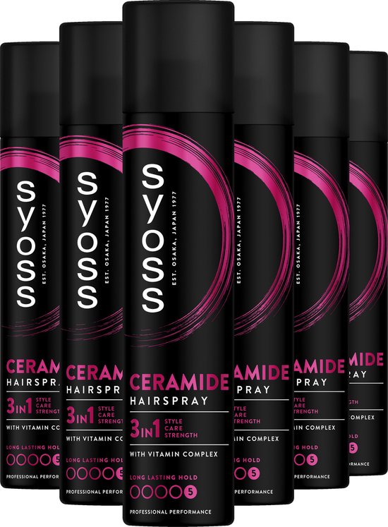 Zes Syoss haarspray bussen met 'Ceramide' op een zwarte achtergrond. De bussen hebben een paarse cirkel met het logo.
