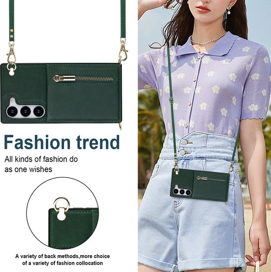 Étui de téléphone vert foncé avec fermeture éclair, porte-cartes et bandoulière réglable porté par un mannequin.