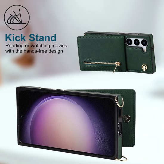 Étui de téléphone vert foncé avec fermeture éclair, doté d'une fonction de support et d'une bandoulière.