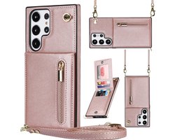 Stravo Samsung Galaxy S23 Plus Portemonnee Hoesje met Rits, Kaarthouder en Crossbody Lanyard Tas [Afneembare Schouderriem] met Kickstand - Rosé goud