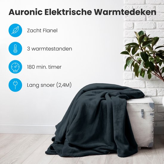 Auronic Elektrische Deken - 160 x 120 cm - 1 Persoons Warmtedeken - 3 Warmtestanden met Timer - Verwarmingsdeken - Antraciet