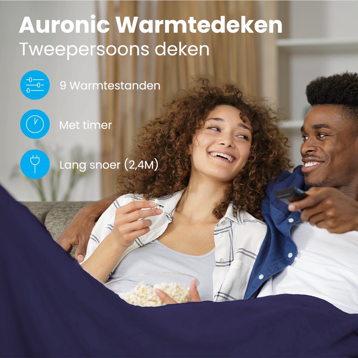 Afbeelding 2 van Auronic Elektrische Deken - Warmtedeken - 9 Warmtestanden - 2 Persoons - 200x150 - Verwarmingsdeken - Blauw