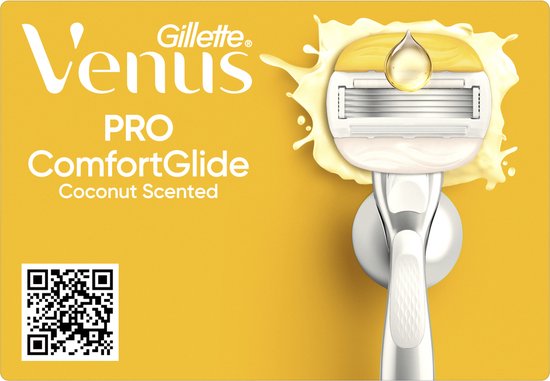 Gillette Venus Pro ComfortGlide Coconut Scented met scheerhoofd en kokosnoot-splash.