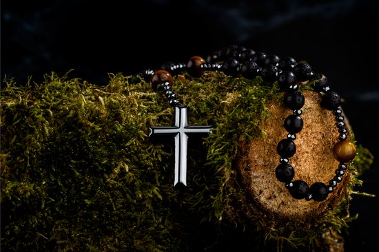 Donley Kralenketting Heren - Lava Steen Ketting met Kruis - Natuursteen Herenketting - Tijgeroog & Hematiet Kralen - Rozenkrans Ketting - Vulkanische Lavasteen - Spirituele Ketting Mannen - 65 cm - Zwart - Cadeau