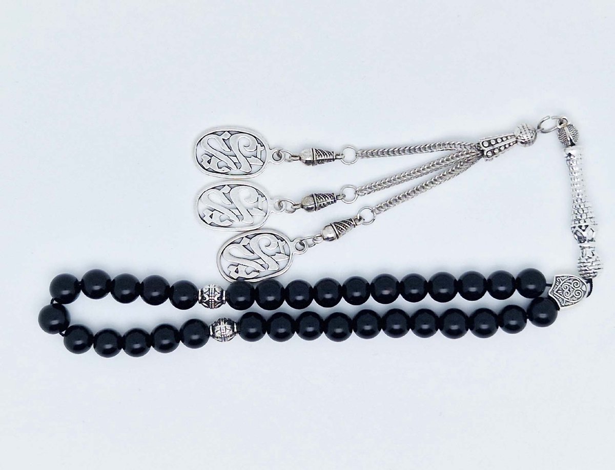 Handgemaakte tesbih klassiek - "Tasbih" natuursteen " Obsidian" - Aantal kralen 33 - Diameter kralen 8 MM - met metaal tassel "yarab" - Een mooi cadeau-idee