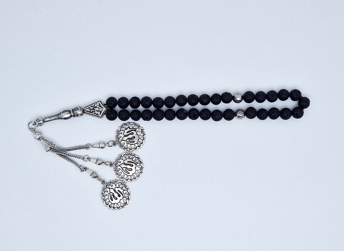 Handgemaakte tesbih "tasbih" natuursteen " Lava Donker " - Aantal kralen 33 - Diameter kralen 8 MM - met metaal tassel "model 3" - Een mooi cadeau-idee