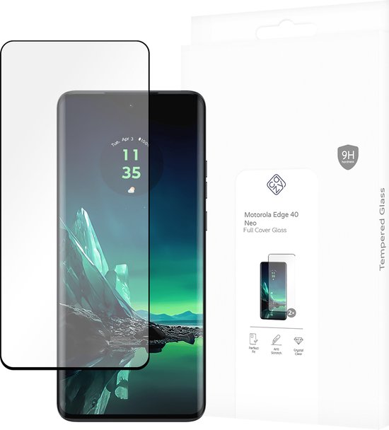 Motorola Edge 40 Neo met een screenprotector ervoor, verpakking ernaast.
