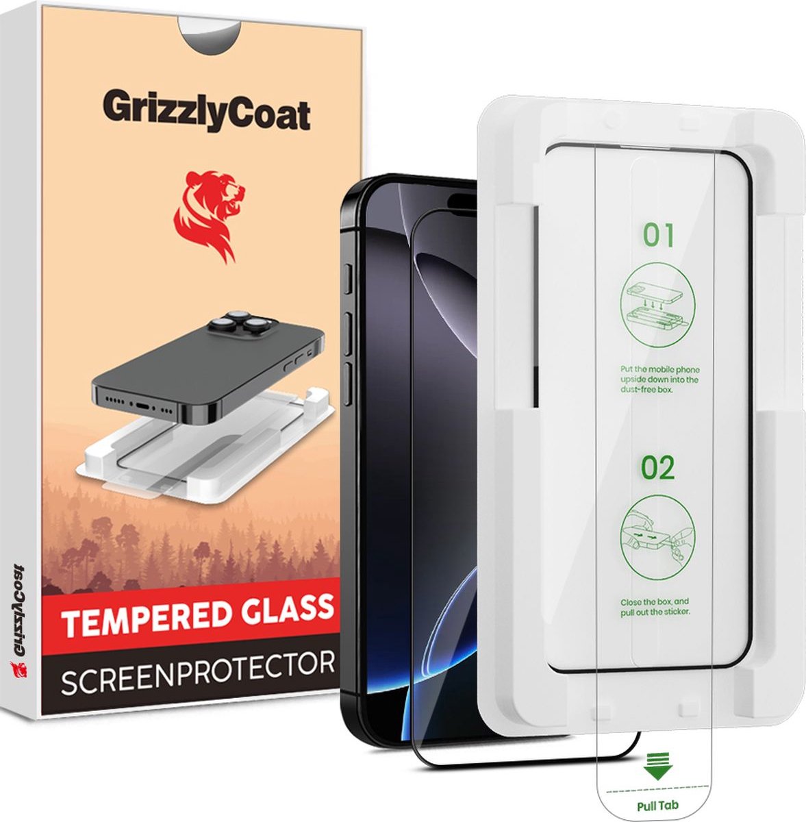 GrizzlyCoat Screenprotector geschikt voor Apple iPhone 16 Pro Max Glazen | GrizzlyCoat AlignPro Screenprotector - Case Friendly + Installatie Frame - Zwart
