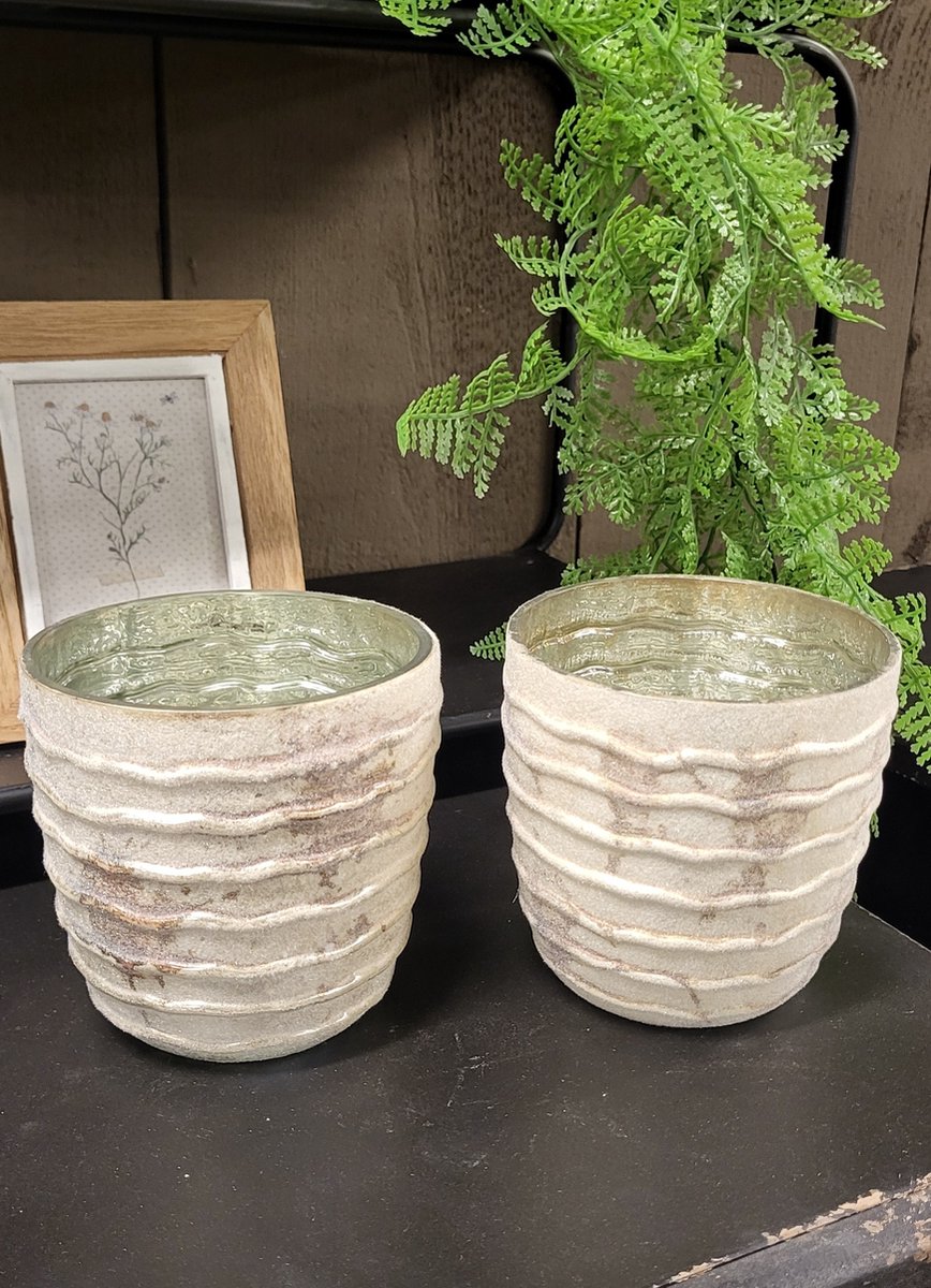 Mix en Match - Waxinelichthouder - Set 2 stuks - Beige - Goud - Glas - 11x11cm