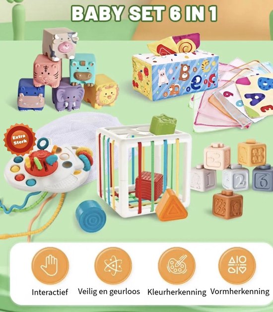 Educatief Baby Speelgoed 6 Maanden - speelgoed 1 jaar - XXL box - 6-in-1 box - Montessori Educatief Speelgoed - 33 psc - Zachte Blokken - Vormen Sorteer Kubus - Trekkoord Speeltje - Educatieve Doekjes - Tissue box - inclusief Opbergtas van Merkloos — afbeelding 2