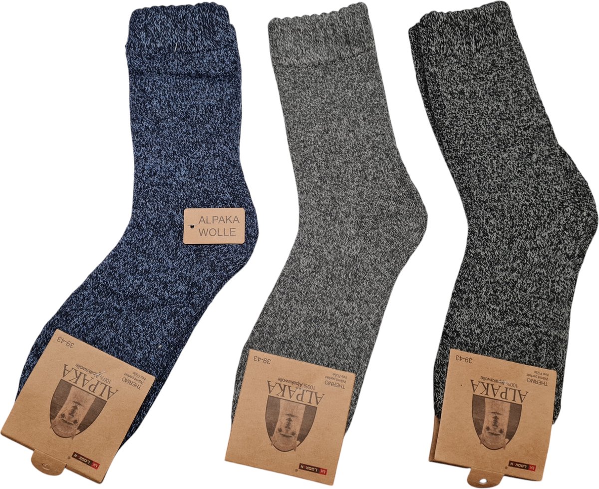 Alpaca Wollen Sokken- Huissokken - Wintersokken - Thermosokken - 3Pack – Blauw Grijs Dgrijs - 39-43