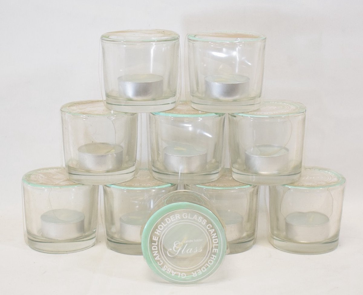 ZoeZo Design 10 stuks - waxinelichtjeshouder - zwaar glas - glas - licht groene rand - met theelichtjes - H6 x Ø6 cm - herbruikbaar lichtgroen - helder glas
