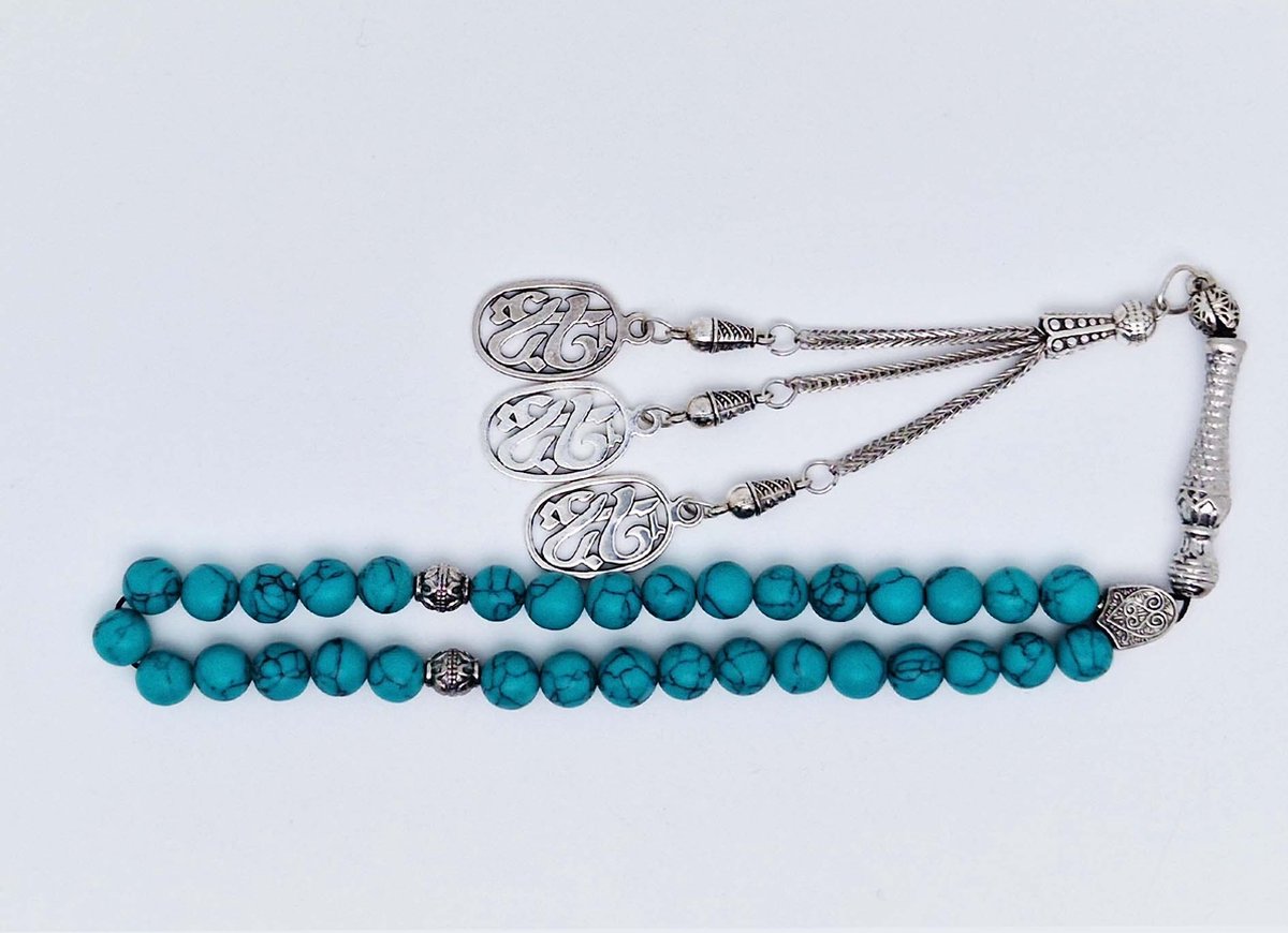 Handgemaakte tesbih klassiek - "Tasbih" natuursteen " Howliet groen" - Aantal kralen 33 - Diameter kralen 8 MM - met metaal tassel "yarab" - Een mooi cadeau-idee