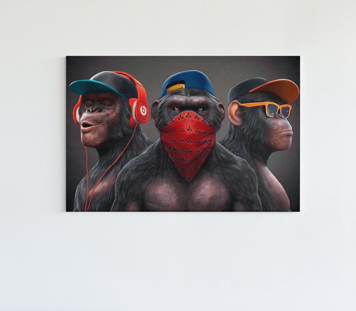 Trendex Global Canvas Schilderij - 3 Apen - Cool - Dieren - 150x100x2 cm Kleurrijk
