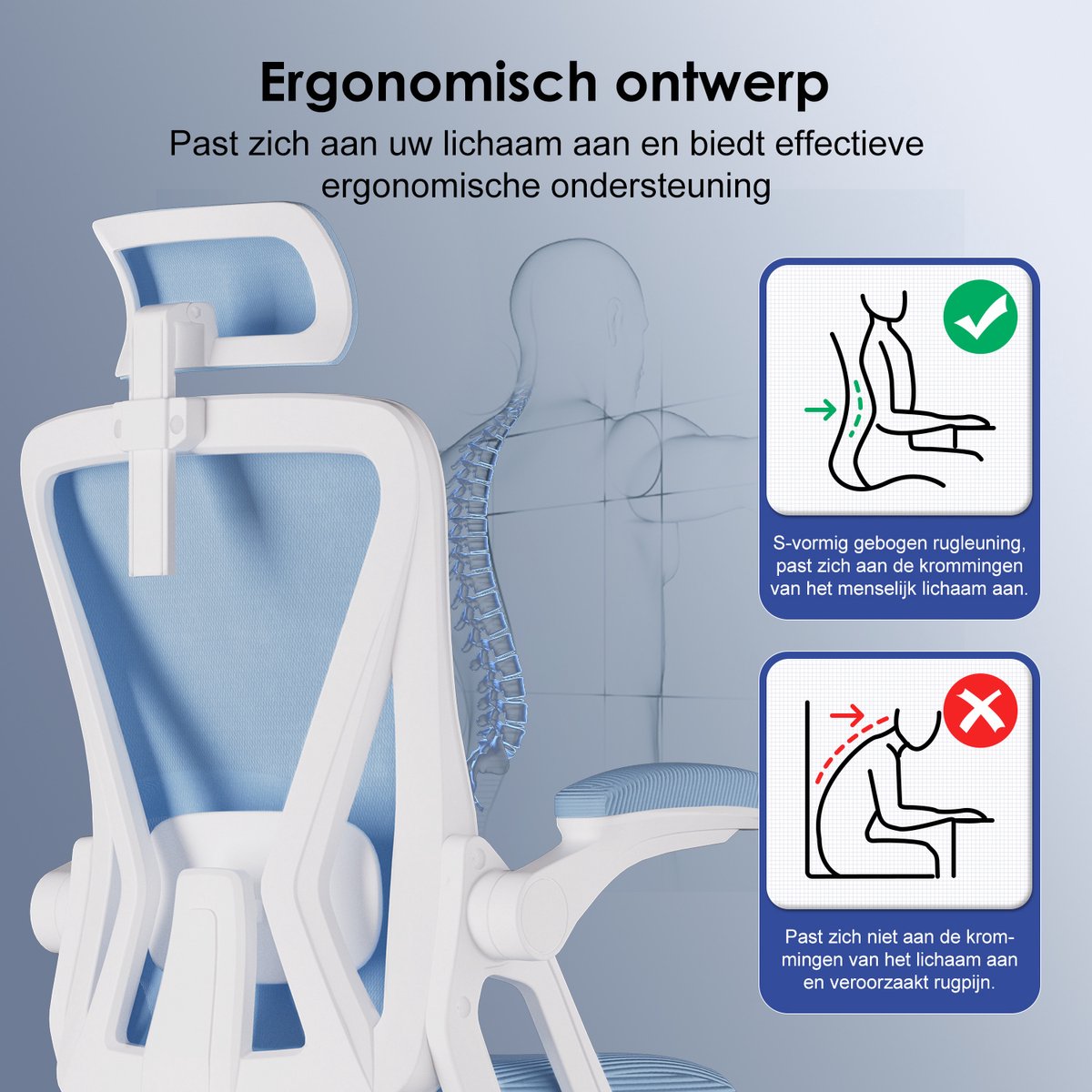 Hiaonyx bureaustoel-ergonomische bureaustoel-bureaustoelen voor volwassenenOpklapbare armleuningen-2D lendensteun-Maximale kanteling 135°-Blauw thumbnail 4