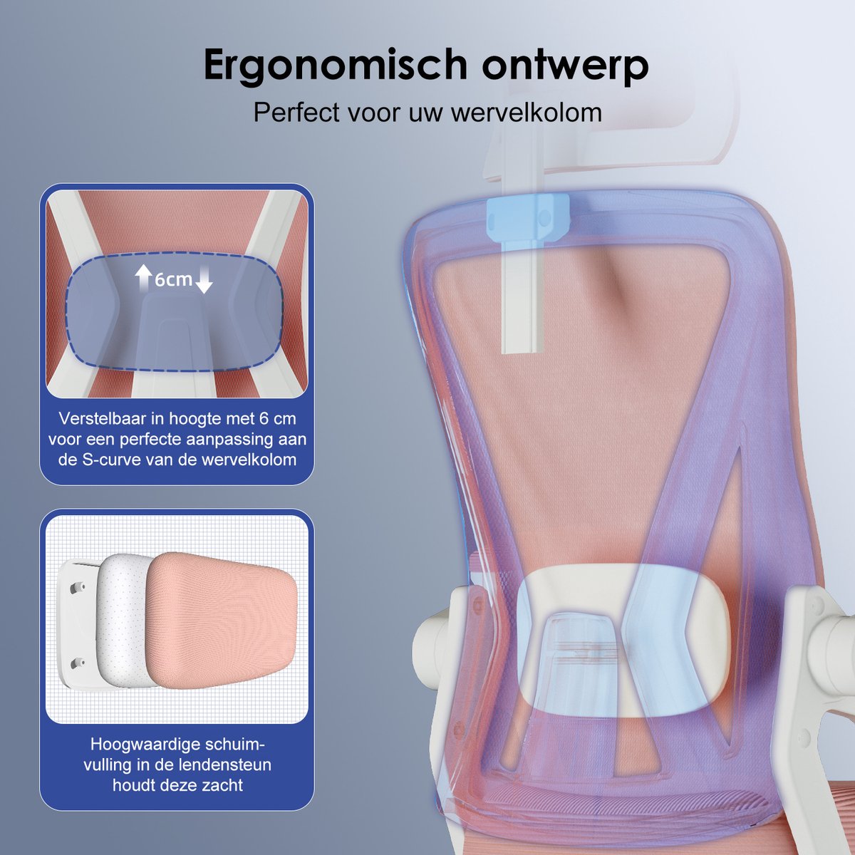 Hiaonyx bureaustoel-ergonomische bureaustoel-bureaustoelen voor volwassenenOpklapbare armleuningen-2D lendensteun-Maximale kanteling 135°-Roze thumbnail 4