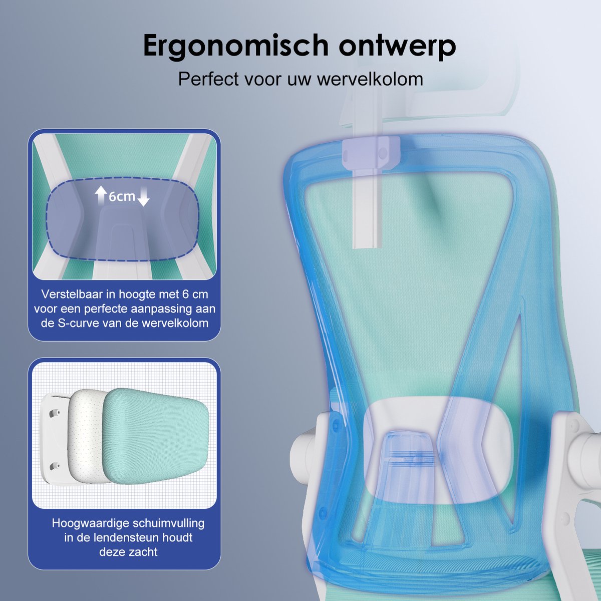 Hiaonyx bureaustoel-ergonomische bureaustoel-bureaustoelen voor volwassenenOpklapbare armleuningen-2D lendensteun-Maximale kanteling 135°-Wit Cyaan thumbnail 5