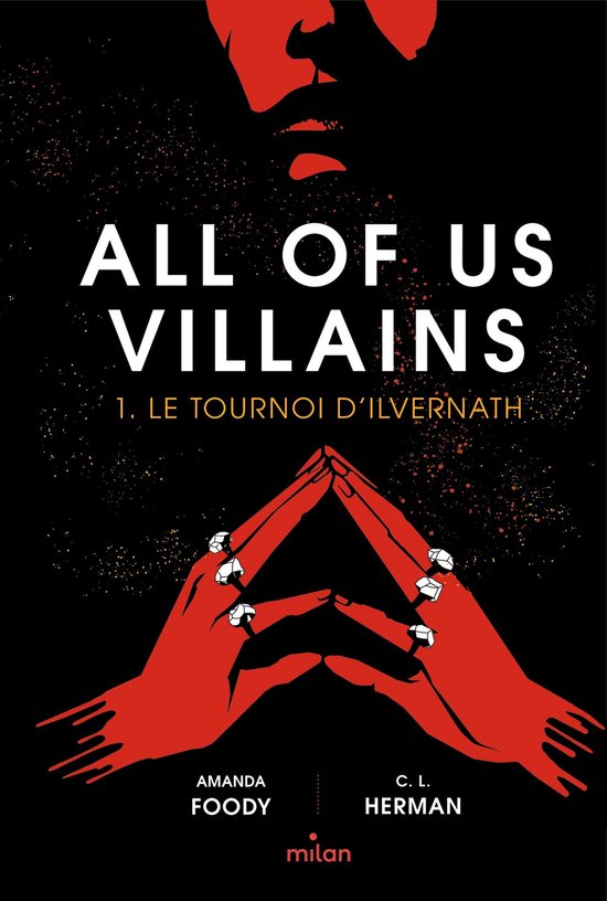 Boekomslag met rode handen die een piramide vormen, met de titel 'ALL OF US VILLAINS'.