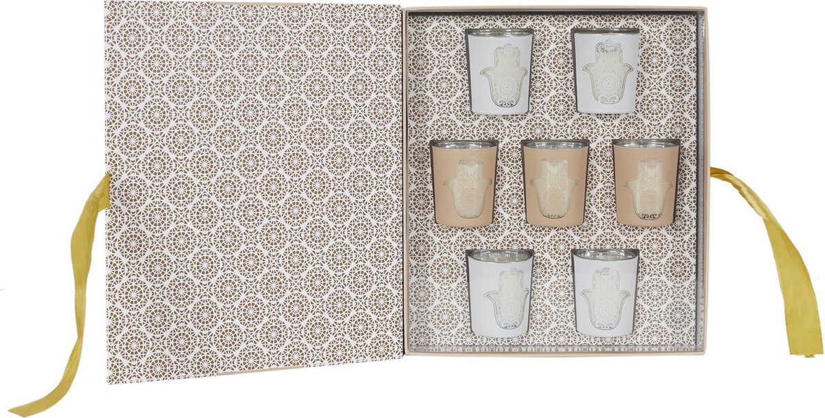 Luxe Geurkaarsenset met Hamsa Design – 7 Stuks – Rose, Oud & Musk Geuren – Decoratieve Kaarsen in Cadeaubox – Spirituele Sfeerkaarsen voor Ontspanning of Geschenk – Beige/Wit — cadeau in Wonen & Interieur - foto 6