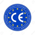 Logo 'CE High Quality Made in Europe' met gele sterren op blauwe achtergrond.