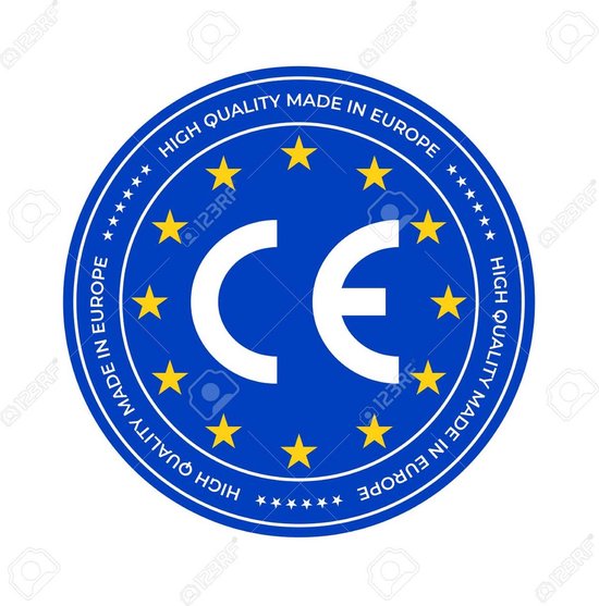 Logo 'CE High Quality Made in Europe' met gele sterren op blauwe achtergrond.