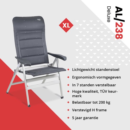 Chaise longue Deluxe grise AL/238 XL avec dossier réglable, accoudoirs et un cadre en H robuste.